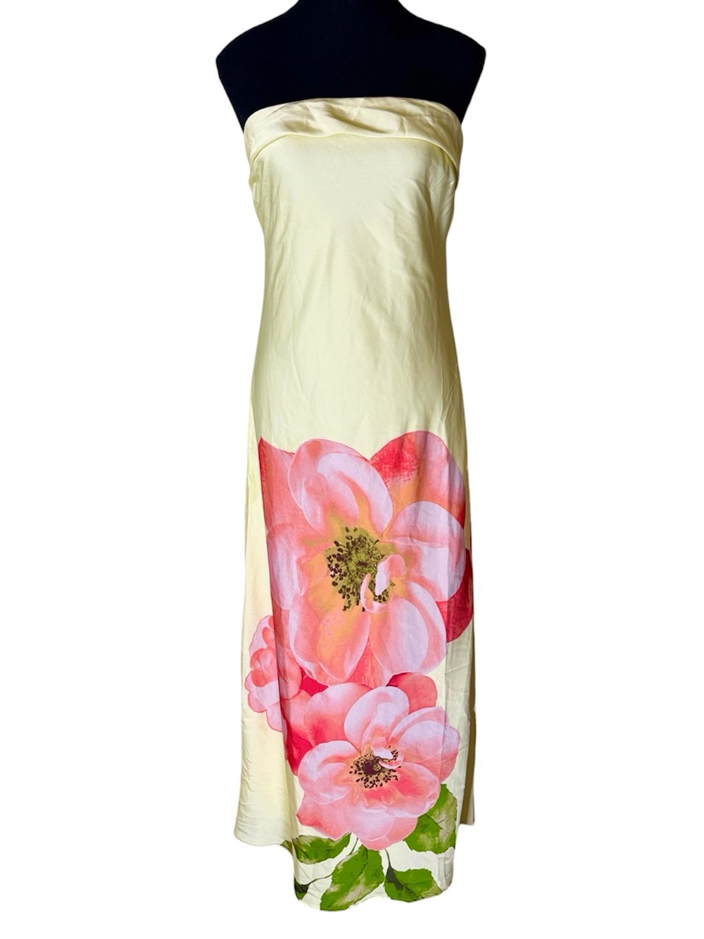 THIRTY THIRTY New Butter Yellow Floral Strapless Maxi Dress Drape Large *FLAW